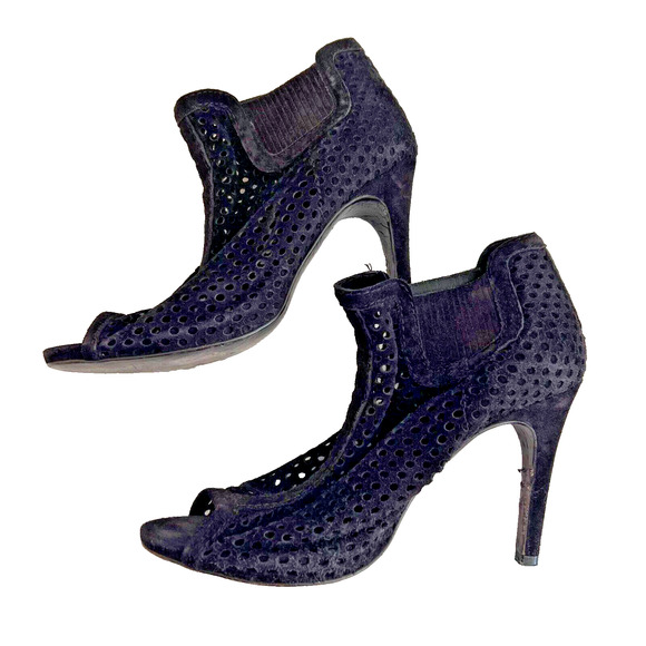 Pedro Garcia Bootie Heels Black Suede Leather Laser Cut Open Toe Size 37.5 - Picture 2 of 8